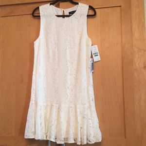 Karen Kane Beige Lace Ruffled Hem Dress